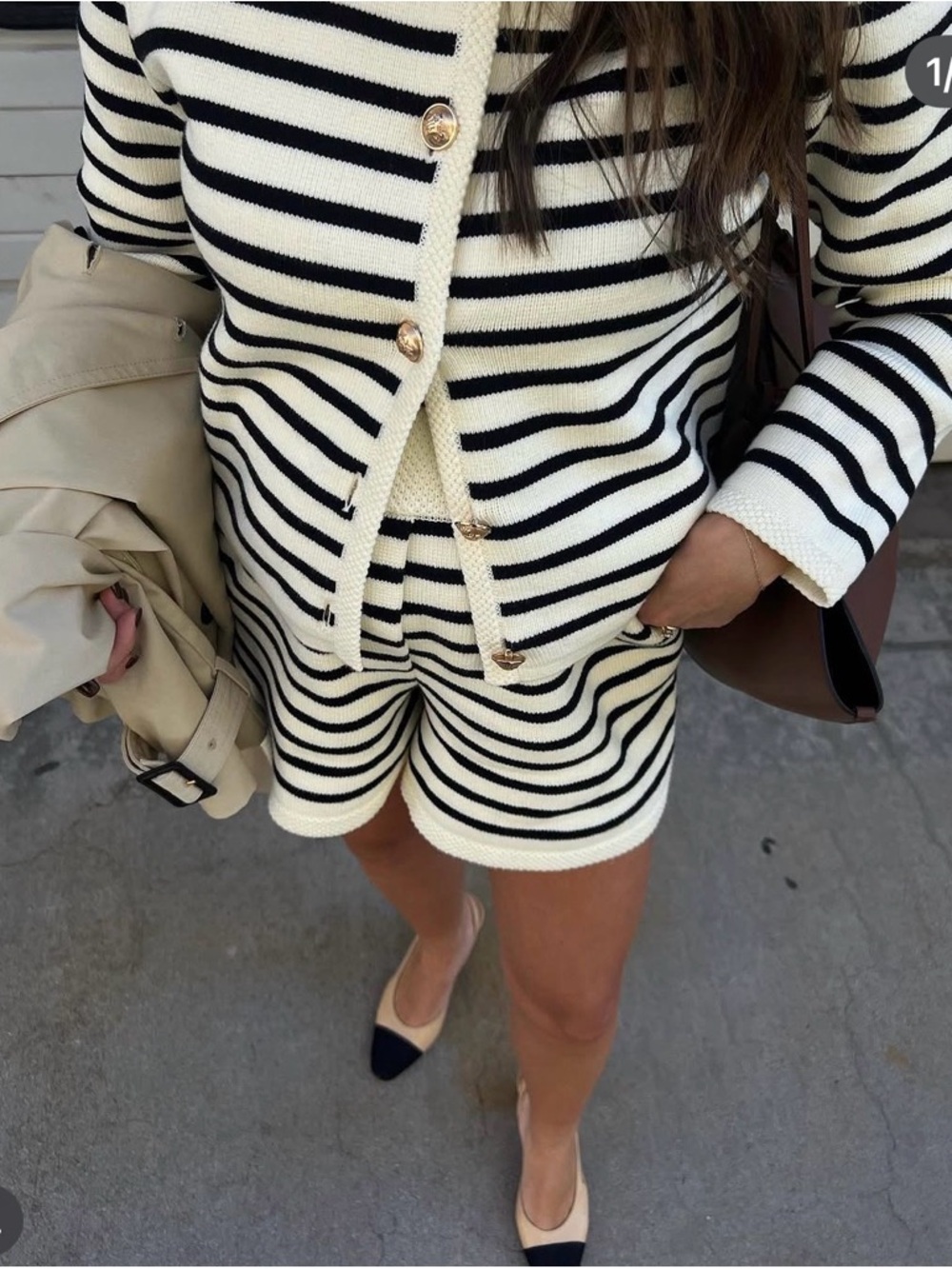 Striped Knit Cardigan & Short Set in Cream and Black SMALL SWEATER / M SHORTS